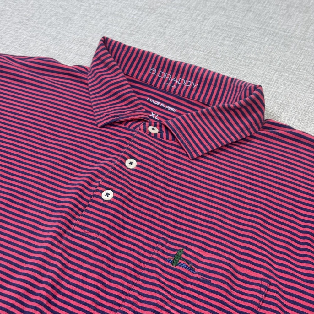 B. Draddy Golf Polo Shirt Mens XL Pink Navy Striped Pima Cotton Embroidered